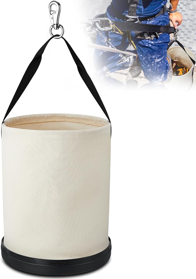 1 Pack Canvas Bucket 15" x 12" Heavy Duty Lineman Tool Bag with Plastic Bottom & Metal Hook Electrician Tool Organizer for Jobsite Use, Load Rated up to 150 Pounds (White)