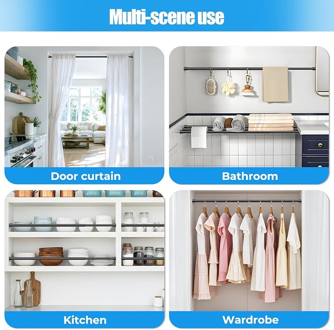 Spring Tension Curtain Rods 33-59 Inch Black 2 Pack | No-drill & tool-free setup. Fits windows, kitchens, doorways. Rust-resistant, great for light curtains.