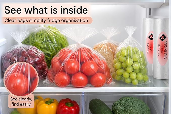 Plastic Produce Bags for Food Storage - 12"x20" Clear Grocery Bag for Fruits, Vegetables, Bread - Easy Peel-Off Design, Continuous Roll, 1.75" Core, Pack of 720 Bags [2 rolls]