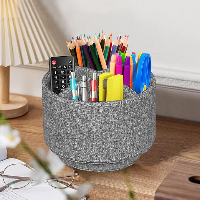 Pen Holder for Desk Organizers and Accessories, 360 Swivel TV Remote Control Holder for Table, Nightstand Organizer Caddy for Office Supplies/ Media Controllers, Bedside Decorations for Living Room | PU Leather Nightstand Caddy, 360 Swivel TV, Art/Offi...