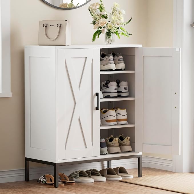 Homleke Farmhouse Shoe Cabinet with 2 Barn Doors & Metal Legs | Tall 4-Tier Shoe Storage Cabinet, 3 Adjustable Shelves, Shoe Rack Organizer, for Entryway, Hallway, Closet, White