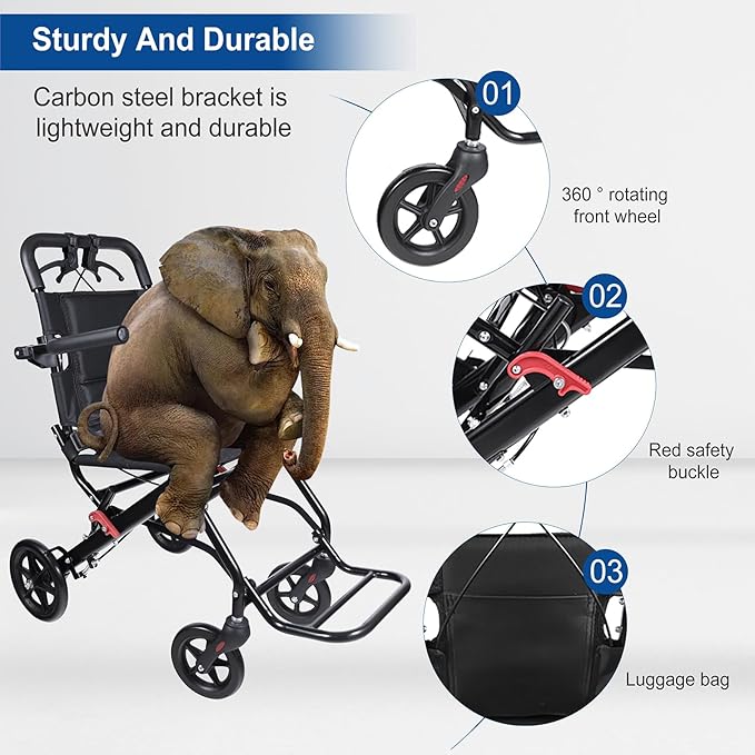 Wheelchairs for Adults,Transport Wheelchair Lightweight Foldable,Portable Wheel Chair Easily fits in The Trunk，The Stable Frame can Support 220 pounds.Suitable for Seniors, and Children.