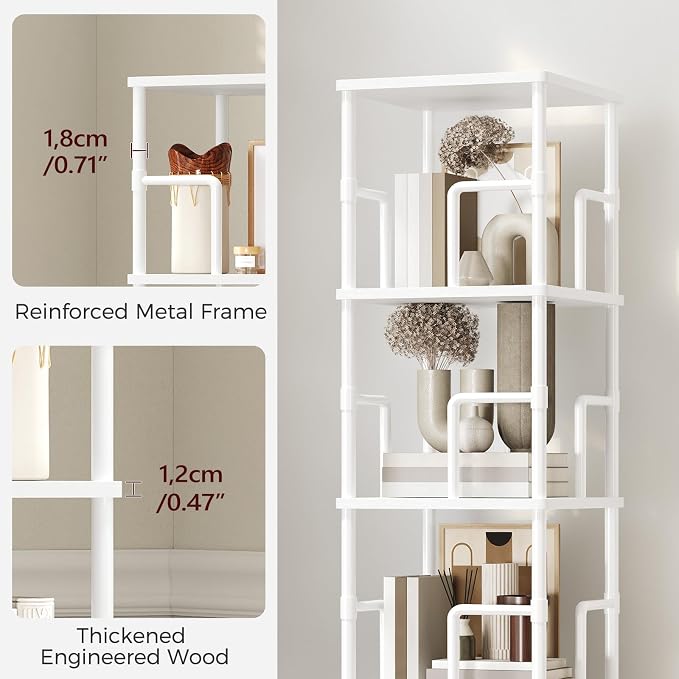 MAHANCRIS 5-Tier Rotating Bookshelf, Freestanding Corner Bookshelf, 360° Spinning Bookcase, Industrial Style Storage Rack with Rails, for Living Room, Bedroom, Study, White BKWT1601