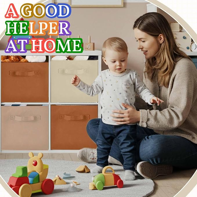 Yinder 4 Pcs Cube Storage Bin Brown 10.5''x10.5''x11'' Storage Bins for Playroom Decor Colorful Bins for Kids Foldable Baskets for Nursery Organizer Boxes Fabric Boxes
