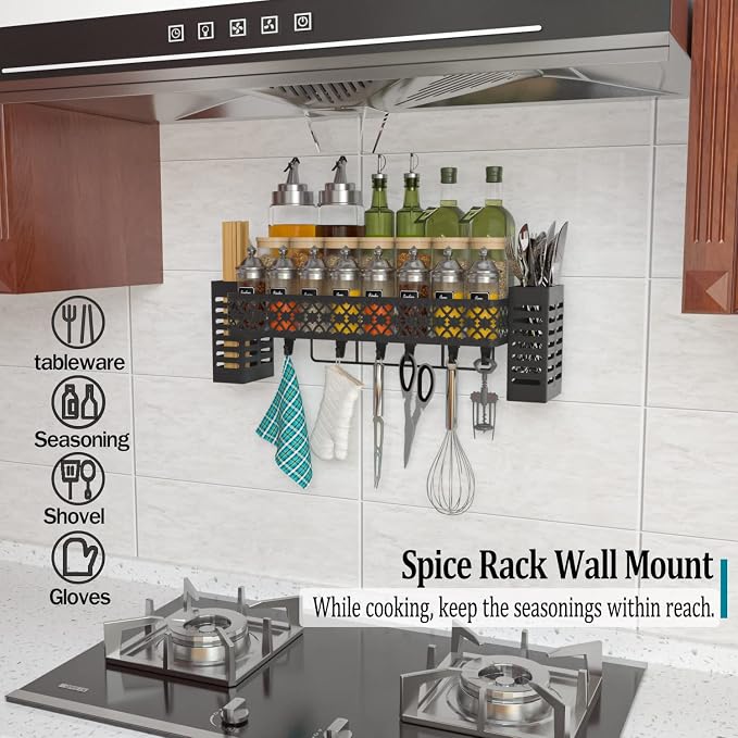 Hanging Spice Rack Wall Mount, Over Stove Spice Organizer Shelf with Wall Hanging Utensil Holder 6 Hooks for Kitchen, Black