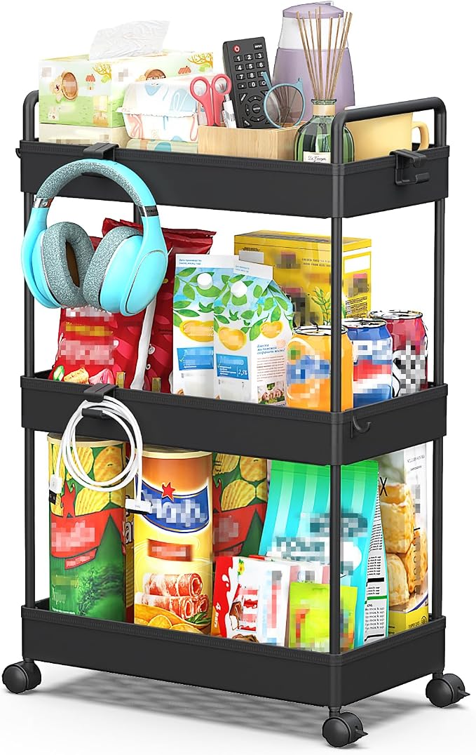 SOLEJAZZ 3 Tier Slim Rolling Storage Cart Organizer with Wheels, Black | Utility cart for bathroom, laundry, bedside, dorm&narrow spaces. Fits craft, nail, makeup, snack, art, diaper&baby essentials