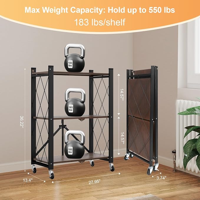 3 Tier Vintage Multifunctional Folding Shelf with Wheels, Portable Heavy Duty Storage Shelving, No-Assembly Folding Bookshelf, Metal Collapsible Rack Unit for Kitchen, Office, Bedroom, Rustic Brown