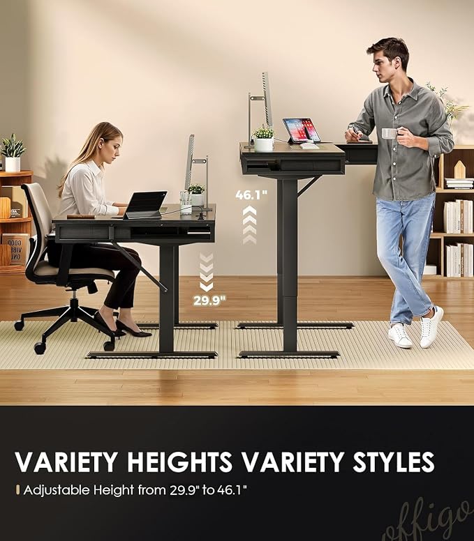 OffiGo 63 Inch L Shaped Electric Standing Desk with 4 Drawers, Black | Reversible Corner Table, Office Desk With 4 Drawers and Outlets For Home Office, Computer Workstation And Sit Stand Use
