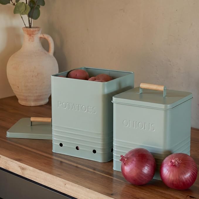 ZICOTO Beautiful Potato and Onion Storage Container Set, 10.1" & 8.9" - Perfectly Sized Spacious Canisters For Your Kitchen Counter Or Pantry - Food Safe Metal Bins Keep Produce Fresh Longer