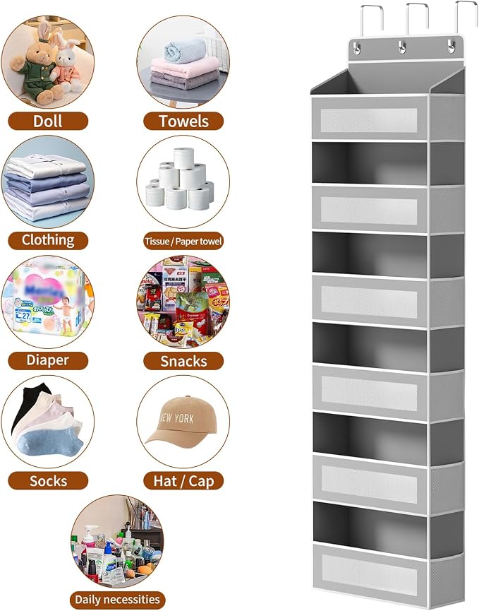 6-Tier Over The Door Organizer with Large Pocket, Over the Door Storage 12 Side Pockets, Hanging Door Organzier 44 lb Load Behind Door Storage Hanging Shelf for Closet Wall Bathroom Nursery, Grey