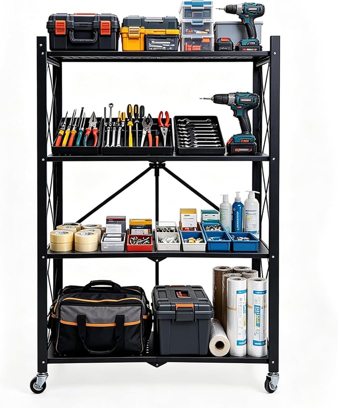 28.5" L x 14.2" W x 46.1" H Foldable 4-Tier Garage Storage Shelves with Wheels, Metal Shelving Unit, Utility Steel Shelf for Warehouse, Pantry, Basement & Garage