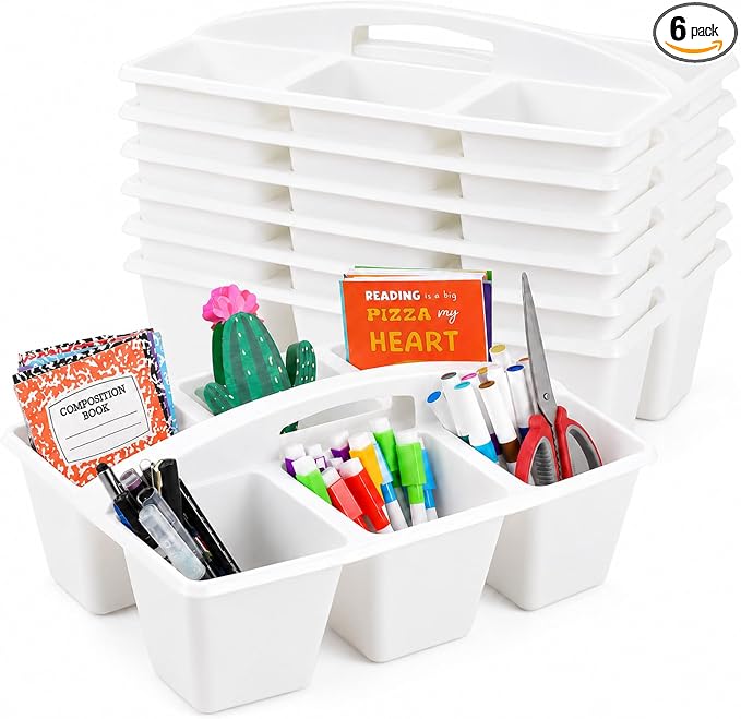 6 Pack Assorted Colors 6 Compartment Classroom Caddy with Handle Portable Plastic Storage Classroom Caddies Organizer for Classrooms Supply Teacher Office Table Desk(White)