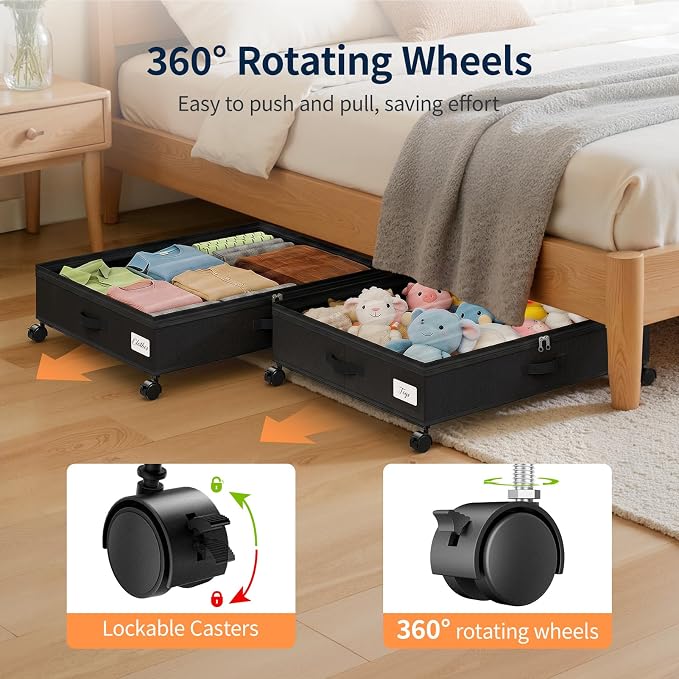 Yecaye 80L Under Bed Storage with Wheels, 2 Pack Under Bed Storage Containers with Lids for Clothes, Shoes and Blankets, Metal Rolling Underbed Storage Drawers for Bedrooms and Dorms, Black