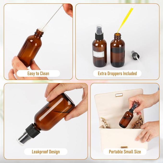 Leakproof Amber Glass Spray Bottles 2 oz with Fine Mist Sprayer 2 Pack | Small Durable Refillable Travel Containers for Face Mist, Perfumes, Essential Oils, Hair, Plants - Great Value Set