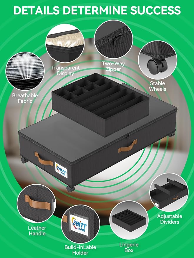 Under Bed Storage with Wheels, Under the Bed Storage Containers Lids | 2-Pack 58L & 1-Pack 15L Box, Organizer Bins Rolling Underbed Storage for Clothes, Underwear, Socks, Shoes