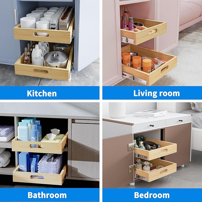 2 Set Pull Out Cabinet Organizer, Soft Close Slide Out Wood Drawer Storage Shelves for Kitchen, Base Cabinet Organization for Pantry, Finished, Heavy-Duty, Bottom Assembly (33” W x 21” D)