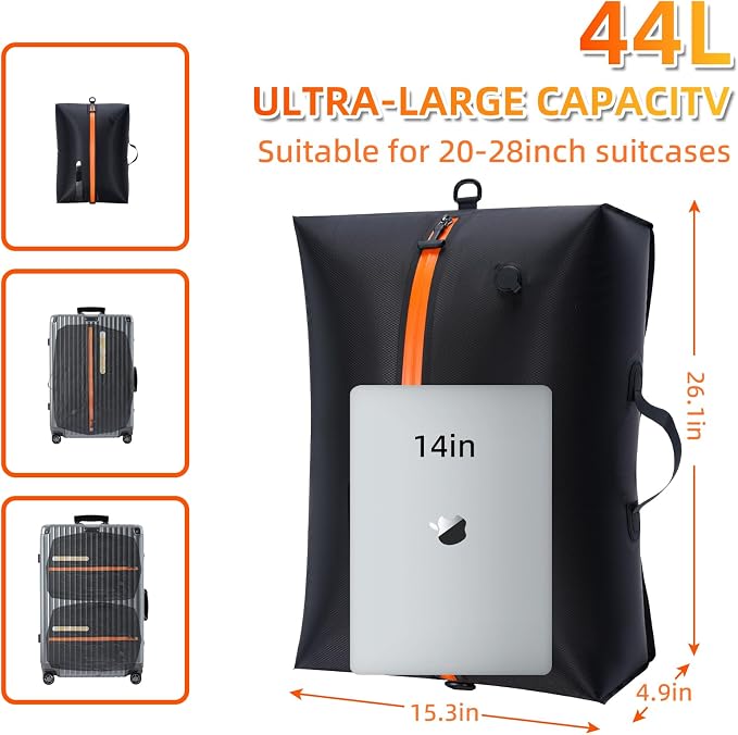 44L Travel Vacuum Bags with See-Through Window, IP68 Reusable Vacuum Compression Bags for Travel, Home Storage, Vacuum Seal Bags for Clothing, Fits 22/24/28 Inch Suitcase (1PC+No Pump)