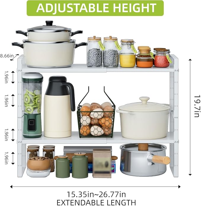 Expandable Cabinet Shelf Organizer Rack, Stackable Kitchen Counter Storage Shelves Stand, Adjustable Height Pantry Shelf Spice Rack (White-2 Pack, 8.7" D x 15.4-26.8" W x 9.8" H)