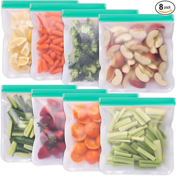 8 Pack Reusable Gallon Freezer Bags Dishwasher Safe, BPA Free Reusable 1 Gallon Bags Silicone, Leakproof Storage Bags for Marinate Meats, Cereal, Vegetables, Home Organization(Green) | 11"W × 10"H