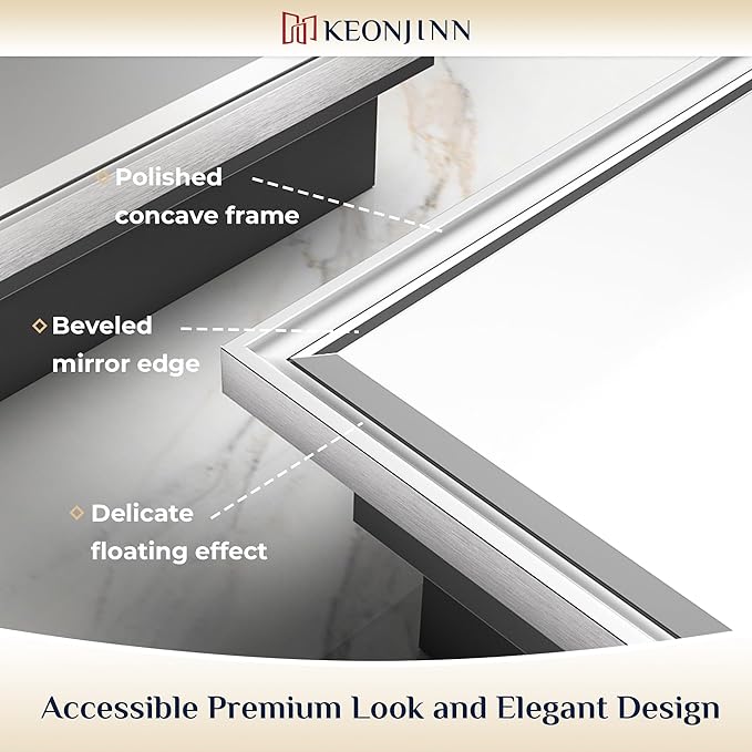 Keonjinn 40” x 30” Medicine Cabinets for Bathroom with Mirror Recessed or Surface Wall-Mounted Aluminum Alloy Framed Beveled Mirror with Soft Close Hinge, 2 Doors Silver Mirrored Cabinet