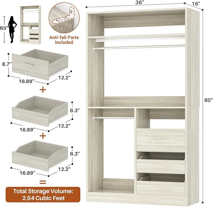 36 Inches Modular Closet Drawers System with Long Hanging Rods, 3FT Wood Closet Organiser with 3 Drawers, Walk-in Freestanding Wardrobe Storage Cabinet with 4 Shelves, White Oak (36"L x 15" W x 80" H)