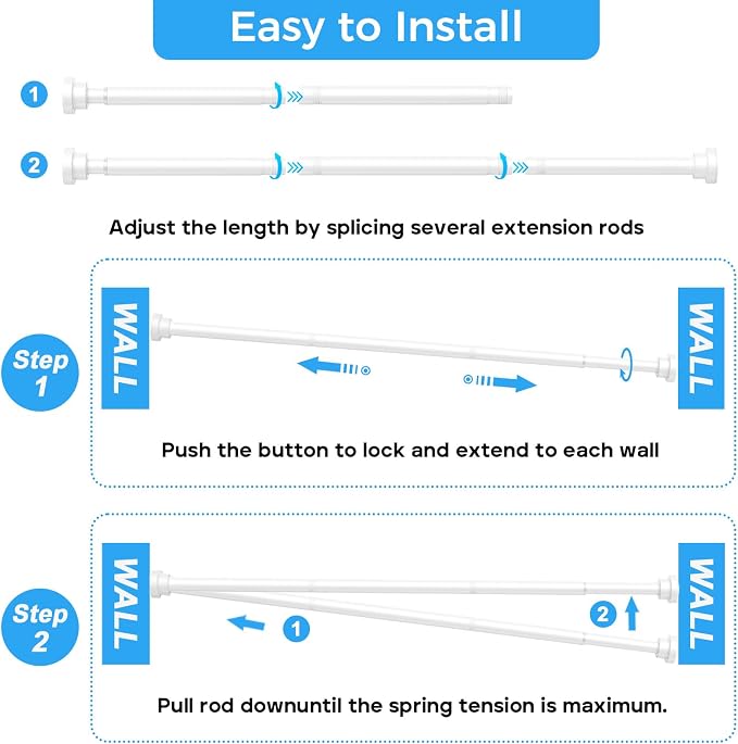 Shower Curtain Rod 31-63 Inch,7/8"Diameter Adjustable Spring Tension Curtain Rods No Drill,Ivory White Shower Tension Rod for Bathroom,Room Divider,Window,Anti-Rust Non-Slip 1-Pack