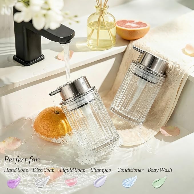 Foaming Hand Soap Dispenser, 8oz Refillable Clear Glass with Silver Pump, for Liquid Soap or Lotion, Vertical Ribbed Decor for Bathroom Vanity, Kitchen, Commercial Use - 1 Pack
