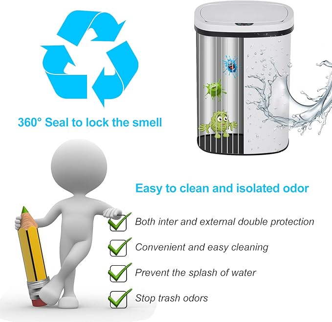 Bigacc 13 Gallon Touch Free Automatic Stainless Steel Trash Can Garbage Can Metal Trash Bin with Lid for Kitchen Living Room Office Bathroom, Electronic Motion Sensor Automatic Trash Can - White