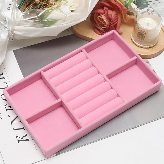 Velvet Jewelry Trays for Drawers, Pink Stackable Jewelry Drawer Organizer Inserts, Ring Earring Necklace Bracelet Holder Organizer Storage Display Tray with Removable Dividers, 2-in-1