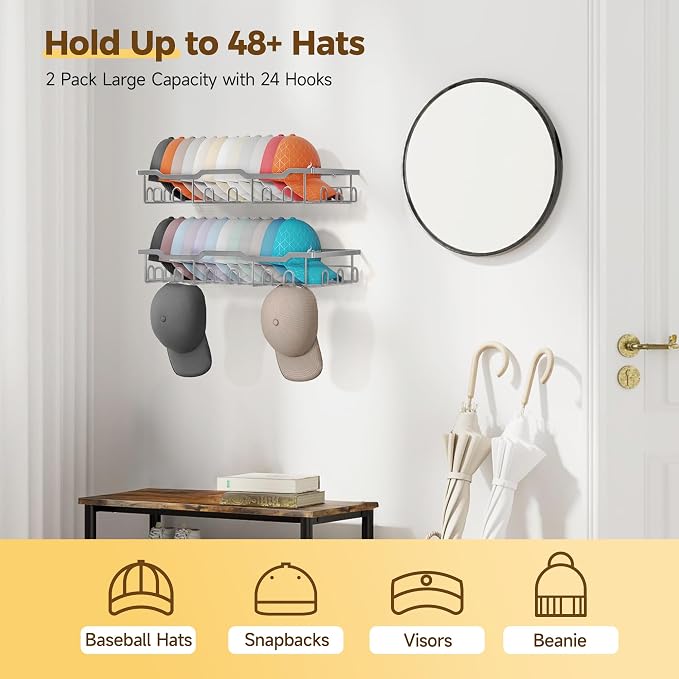 Nicetree Hat Racks for Baseball Caps Wall - Metal Hat Organizer for 48 Baseball Caps Holder, 2 Pack Hat Storage Organizer for Closet, Bedroom, Living Room
