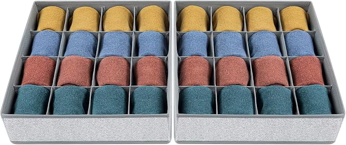 Joyoldelf Sock Drawer Organizer Divider Underwear Organizer 16-cell Fabric Dresser Drawer Organizers Storage Boxes for Socks, Lingerie, Handkerchiefs, Ties 2 Packs Gray