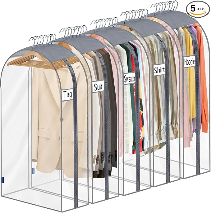 Clear Garment Bags for Hanging Clothes 10" Side Gusset, Suit Bags for Closet Storage, Suit Cover for Shirts Coats Dresses (24"X42"X10" 5Pack)