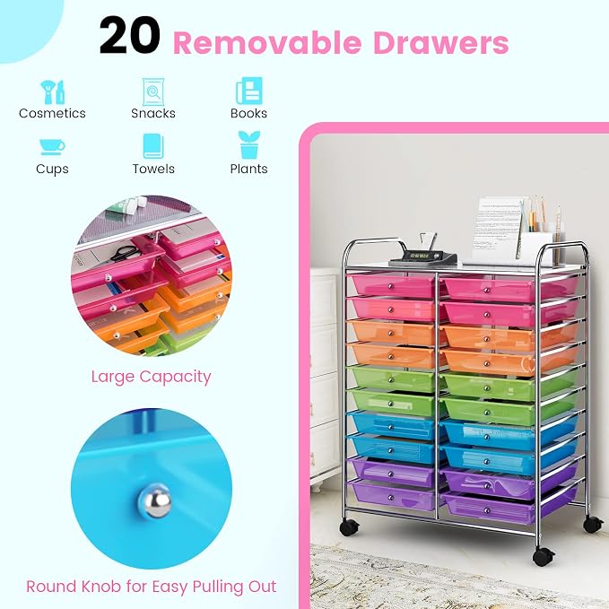 COSTWAY 20-Drawer Rolling Storage Cart, Utility Storage Organizer Cart | For Tools, Scrapbook, Paper, Craft, Multipurpose Storage Trolley on Wheels for Home Office School (Rainbow)