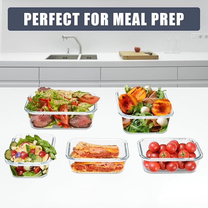 6pack Glass Meal Prep Container, Food Storage Containers with Airtight Lids | Glass Lunch Containers with Airtight Lids, Microwave to Freezer Safe, Dishwasher Safe