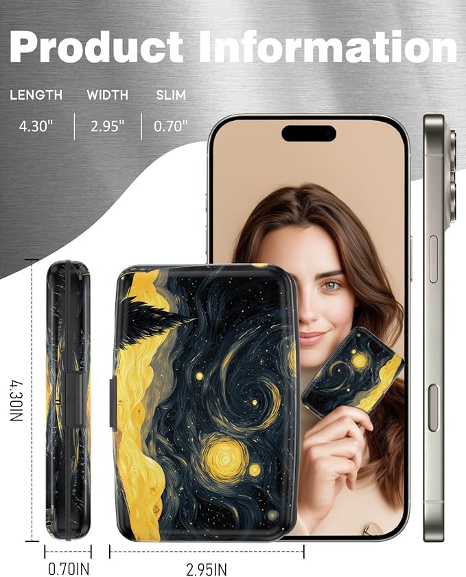 Maicican Credit Card Holder, Mini RFID Blocking Aluminum Wallet | Slim Metal Hard Case Travel Wallet ID Case for Women and Men, 4.3 x 2.9 Inches, Golden Starry Sky