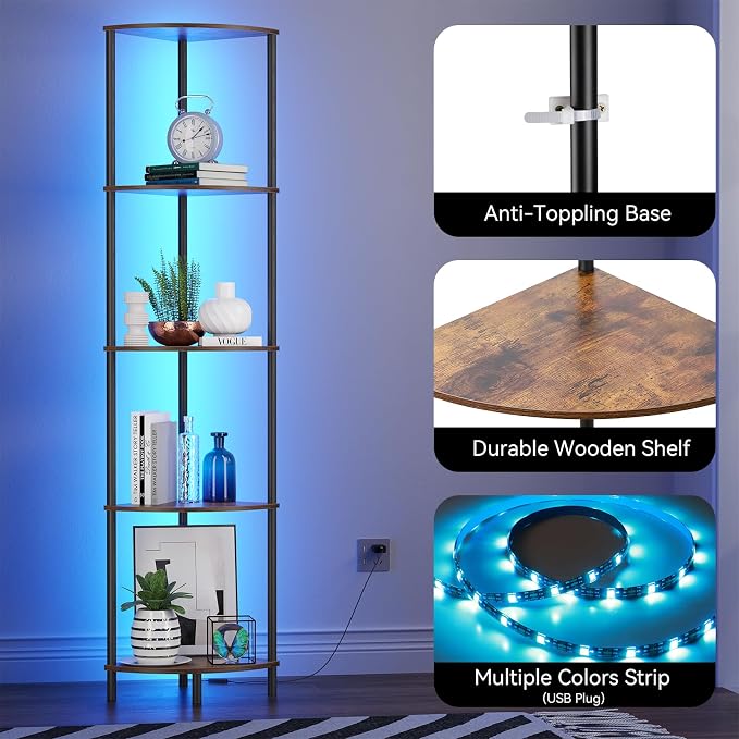 SUNMORY 5 Tier Corner Shelf with LED Light, Industrial 65" Corner Shelves Display Shelf for Living Room Decor, Wall Corner Bookshelf Multi Unit Organizer, Tall Shelf Plant Stand for Bedroom, Bathroom