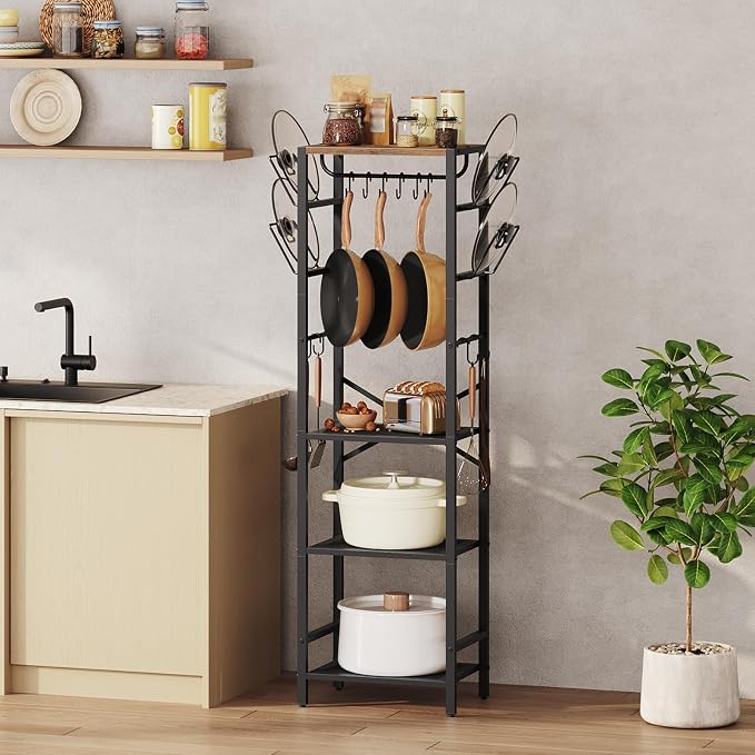 MAHANCRIS 4-Tier Pot Rack, Pots and Pans Organizer for Kitchen Corner, Kitchen Storage Rack with U-Shaped Lid Holders, Freestanding Cookware Stand, Rustic Brown and Black POHR3001