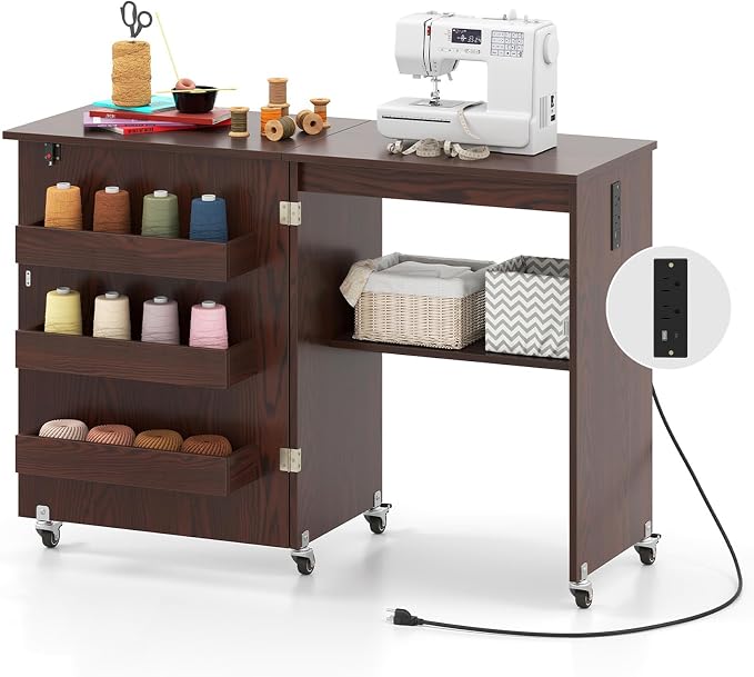 Giantex Folding Sewing Table with Charging Station, Storage Trays & Shelf | Rolling Craft Table with Lockable Wheels, Foldable Sewing Machine Cabinet Desk for Small Spaces, Dorms, Espresso