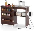 Giantex Folding Sewing Table with Charging Station, Storage Trays & Shelf | Rolling Craft Table with Lockable Wheels, Foldable Sewing Machine Cabinet Desk for Small Spaces, Dorms, Espresso