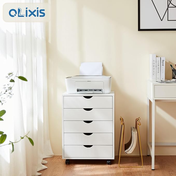 OLIXIS 5 Drawer File Cabinet on Wheels, Printer Stand | Fits Under Desks, Wood Storage Organization Holds Printer, Office Supplies, Not For Hanging Files, For Home Office Use White