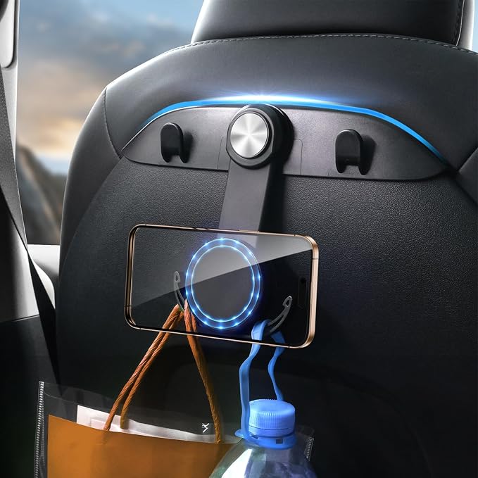 1 Pack Car Seat Hooks & Magnetic Phone Holder for Tesla Model Y(Juniper) Model 3(Highland) Accessories 2026 2025 2024 2023 2022 2021, Car Seat Back Storage Purse/Bag/Hat Hook for iPhone