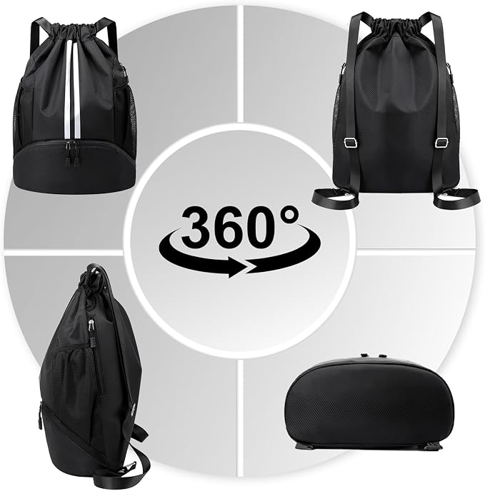 Hoedia Sports Drawstring Backpack - Swim Gym Bag for Women and Men | String Bag with Shoes Compartment and Wet Proof Pocket, Adjustable Wider Shoulder Strap, For Soccer, Basketabll, Volleyball