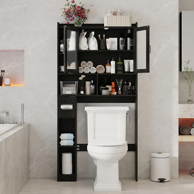 Vabches Over The Toilet Storage Cabinet, Farmhouse Storage Cabinet Over Toilet with Acrylic Doors，Home Space-Saving Toilet Rack, for Bathroom, Restroom, Laundry (Black)
