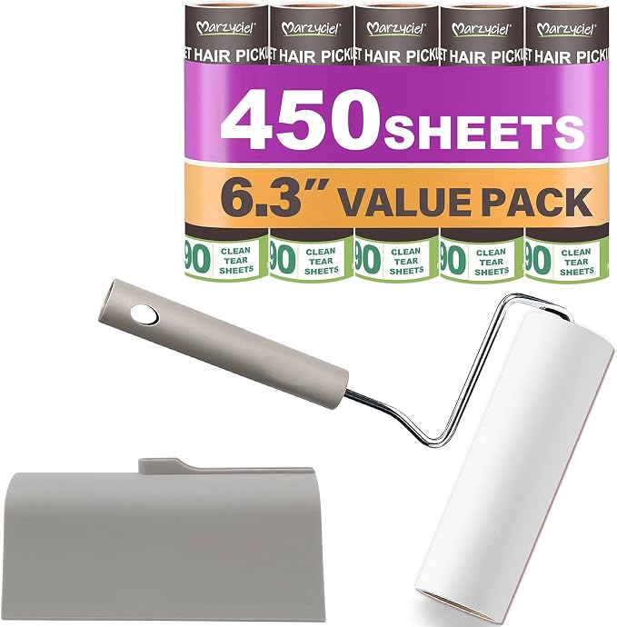 Extra Sticky Large Surface Lint Roller,6.3'' Giant Lint Roller for Pet Hair,5 Rolls 450 Sheets,Long Handle Lint Remover,Easily Remove Carpets, Clothes, Couch and Curtains Dust