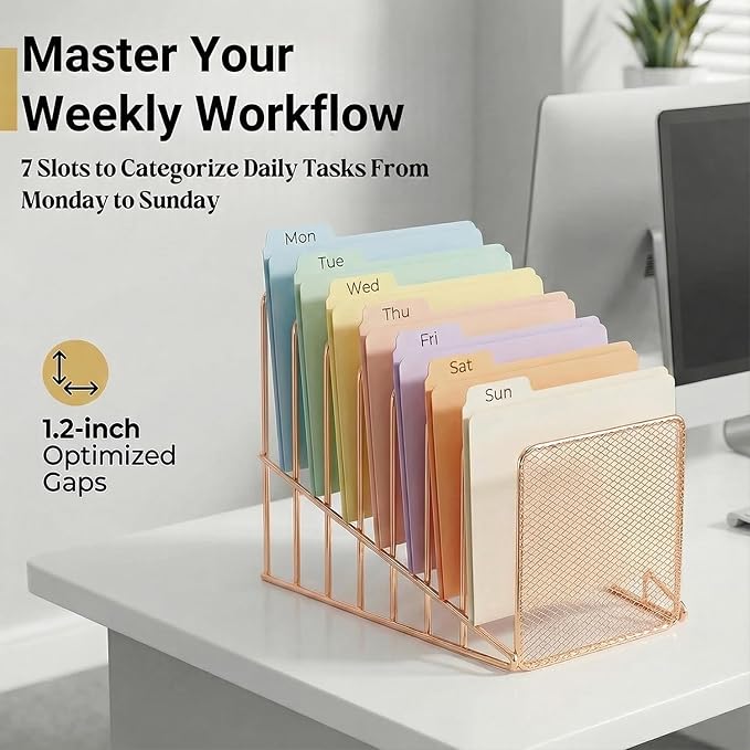 Simmer Stone 2 Pcs Incline File Sorter, 7 Slot Magazine Holder for Letter, Document, Folder and Book, Metal Desktop Organizer Rack for Home, School and Office (2-rose gold)
