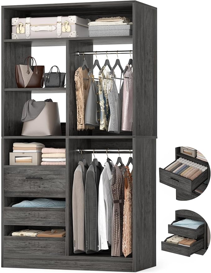 Besiost 36 Inches Modular Closet Drawers System, 3FT Wood Closet Organiser with Closed & Half-Open Drawers, Walk-in Freestanding Wardrobe Storage Cabinet with 6 Shelves, Oak (36" L x 15" W x 80" H)