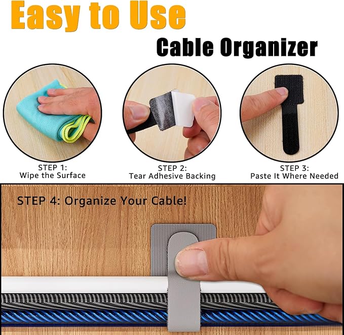 80PCS Hook and Loop Cable Straps, Cable Management Under Desk, Adhesive Cable Tie, Reusable Wire Organizer for Cords, Cord Management, Computer Accessories for Desk, Home Office Essentials,Black+White