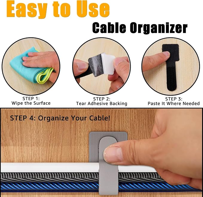 80PCS Hook and Loop Cable Straps, Cable Management Under Desk, Adhesive Cable Tie, Reusable Wire Organizer for Cords, Cord Management, Computer Accessories for Desk, Home Office Essentials, Black+Gray