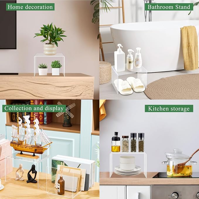 RattanView 2 Pcs 12 x 8 x 8 Inch Large Acrylic Risers Display Stands 5 mm Thick Acrylic Shelf Riser Showcase for Collectibles Jewelry Cupcakes Food Figures Perfume Cabinet(Clear)