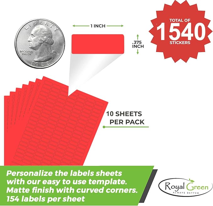 Red Sticker Label Sheets Bulk Printable Paper Labels 1 inch x 0.375 inch - 1540 Pack, 10 Sticker Sheets for Laser/Inkjet Printers with Template Included by Royal Green